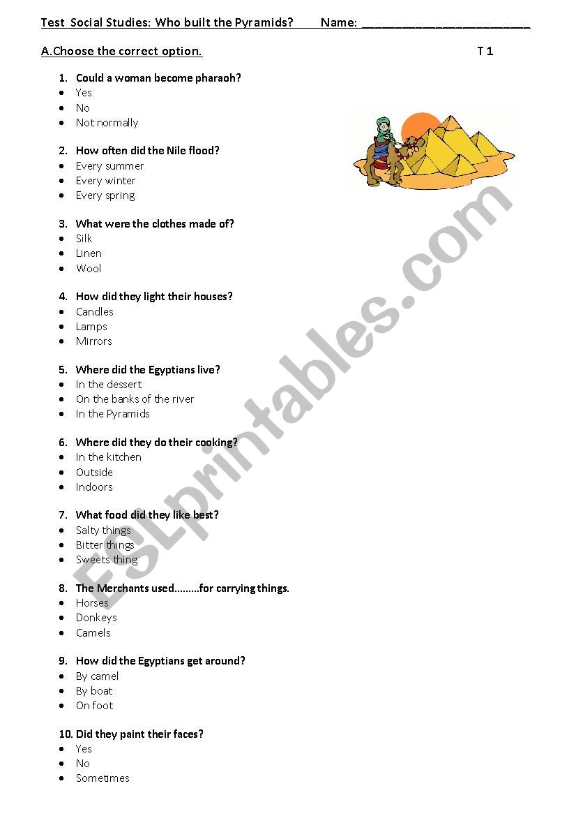 Egyptian test worksheet