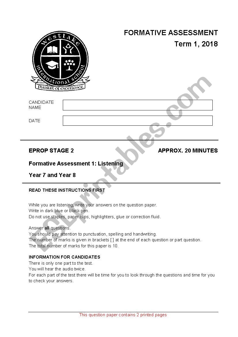 Writing assessment worksheet