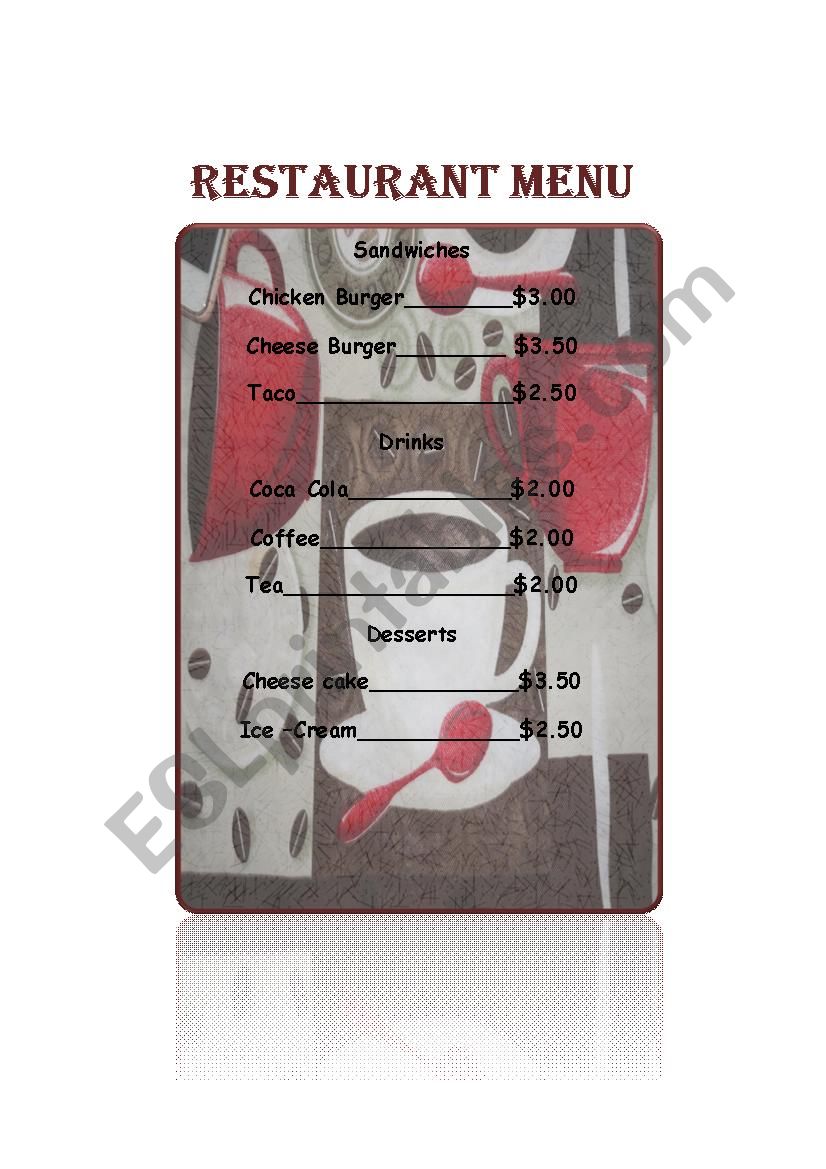 Restaurant Menu worksheet