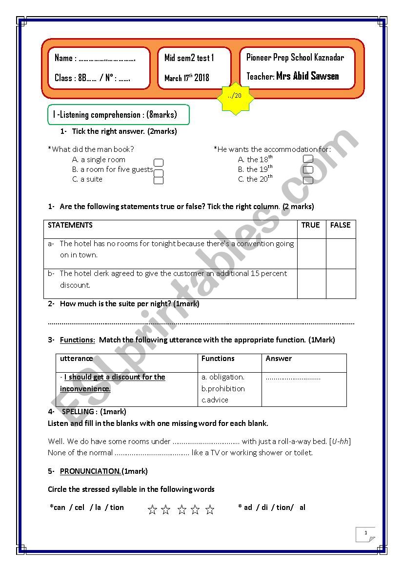 MID SEMMESTER TWO TEST ONE 8TH FORM MRS ABID