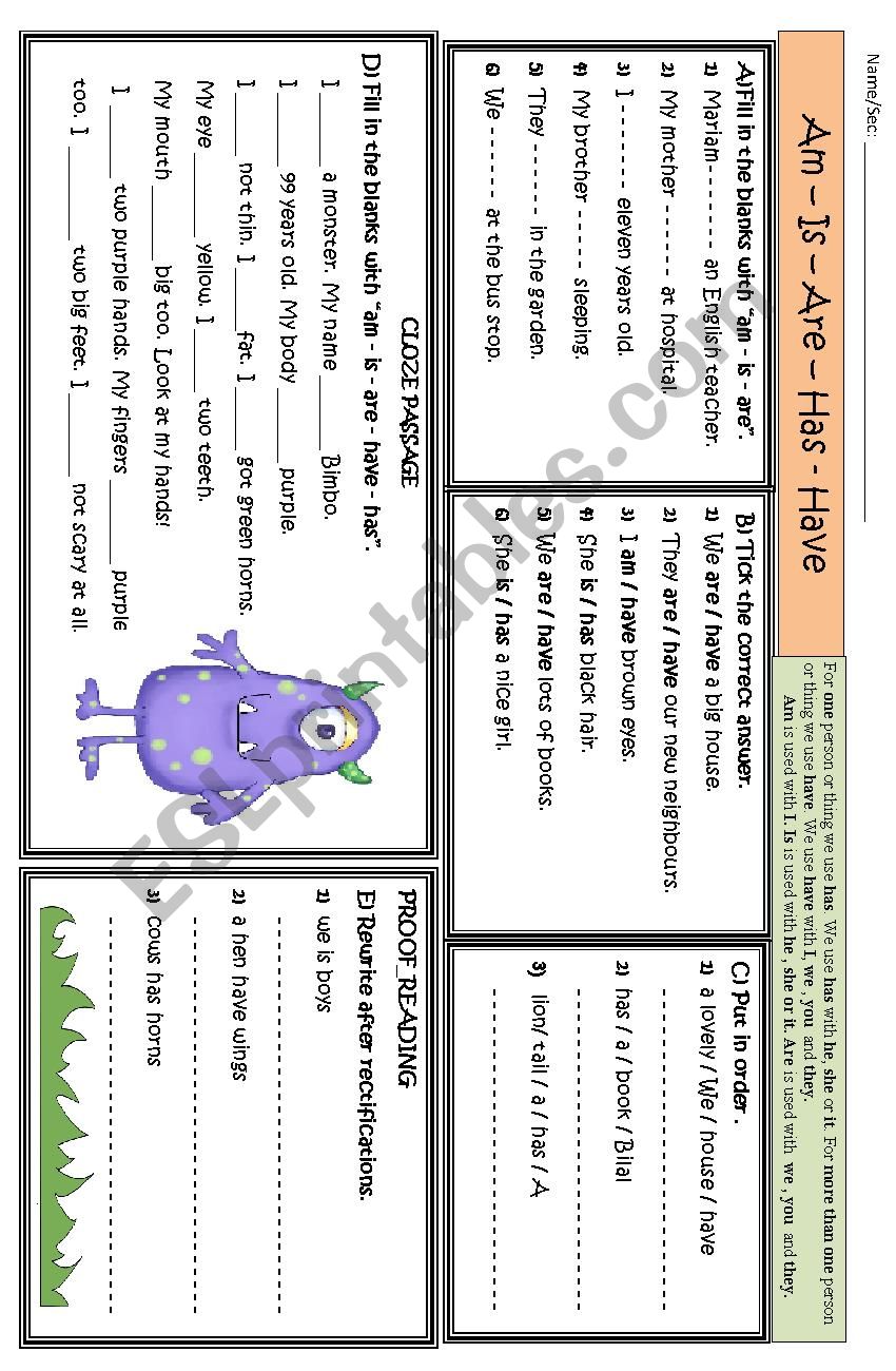 use of is, am, are, has, have worksheet