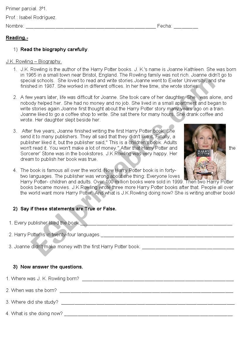 J.K. Rowling test worksheet
