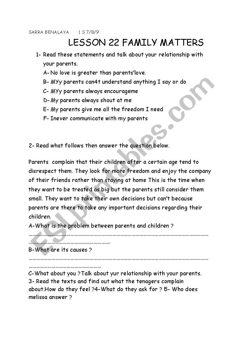 Lesson 22 family matters worksheet