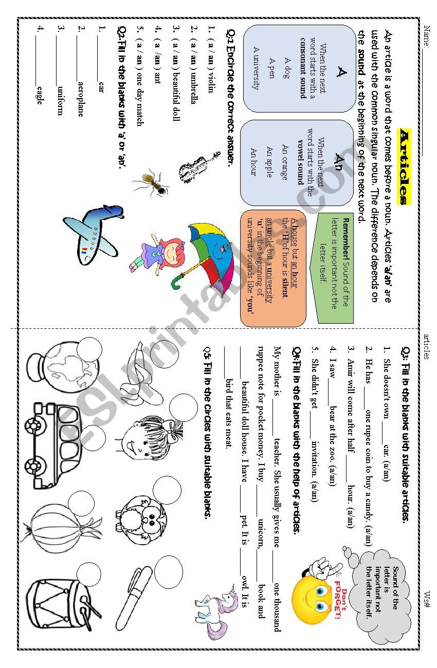 articles worksheet