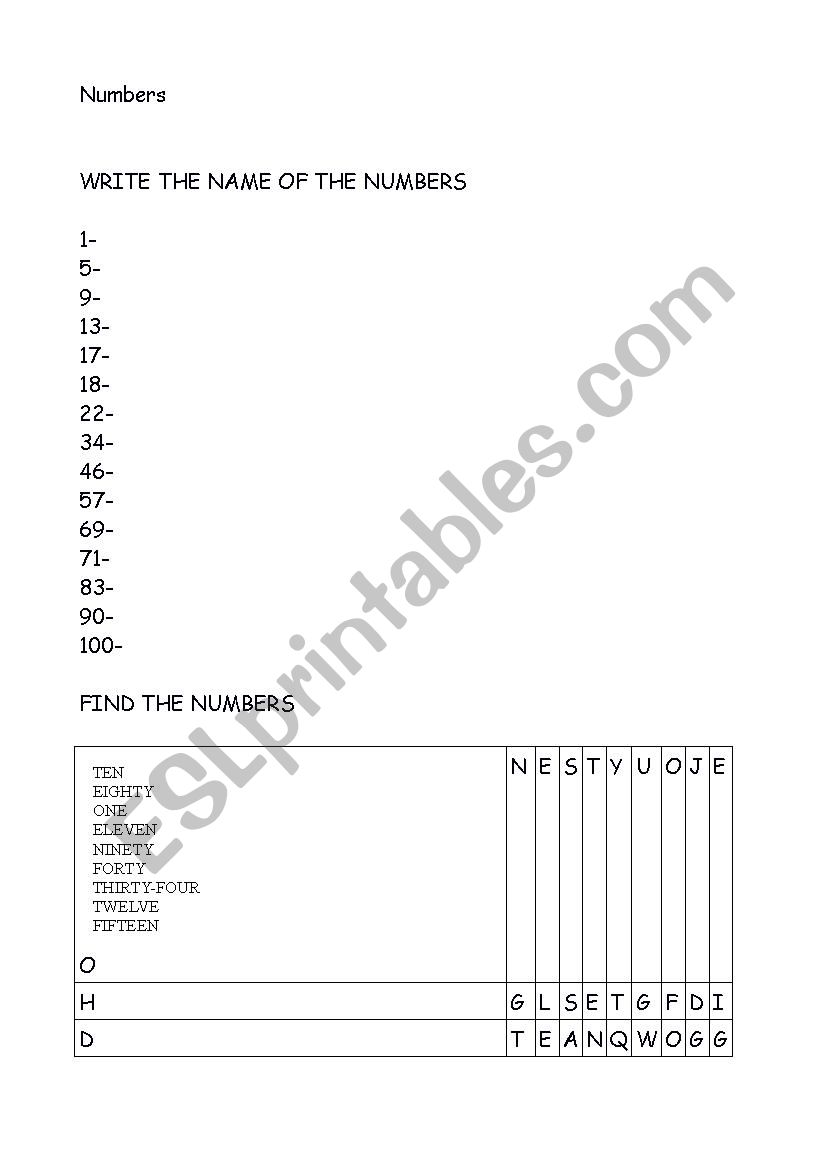 Numbers worksheet