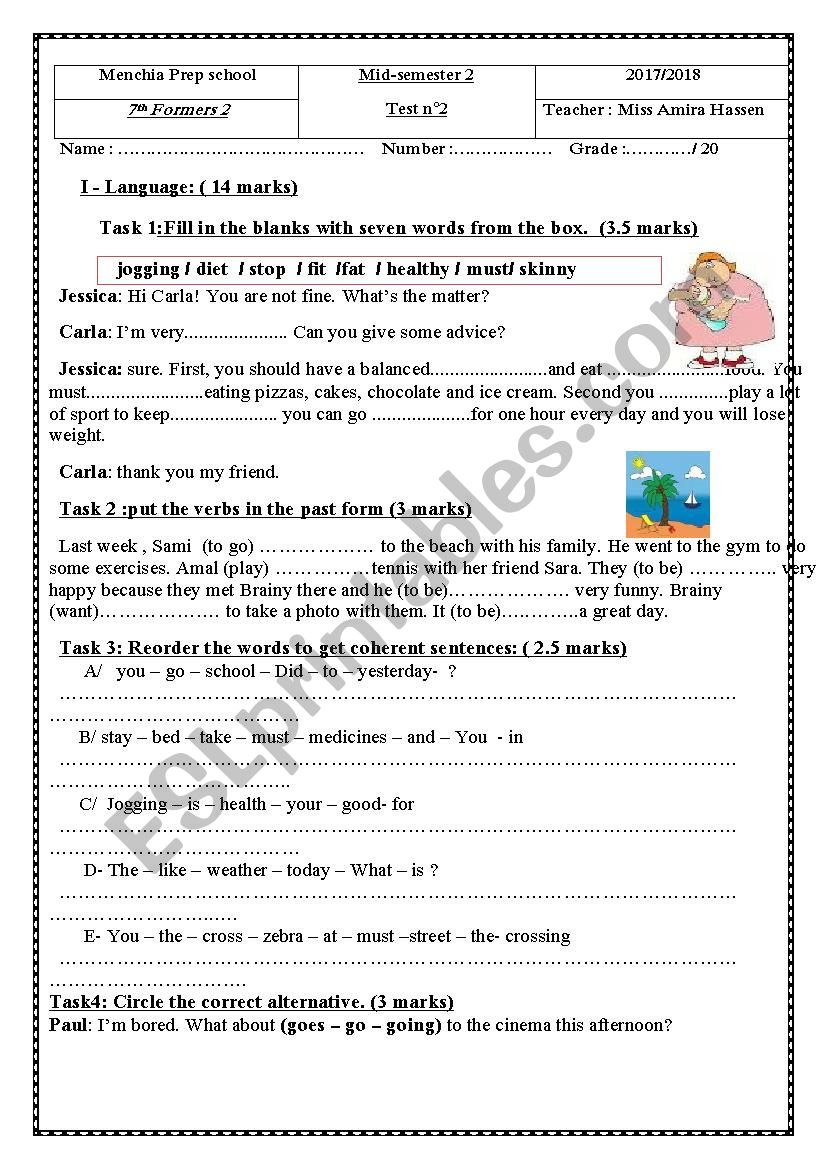mid- semester 2 test nÂ°2 - ESL worksheet by coucou85