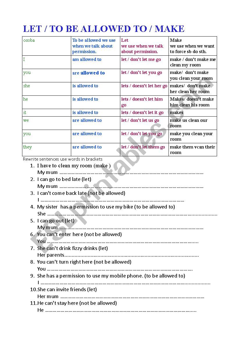 ALLOW / TO BE ALLOVED TO / LET / MAKE 2 pages - ESL worksheet by irmek