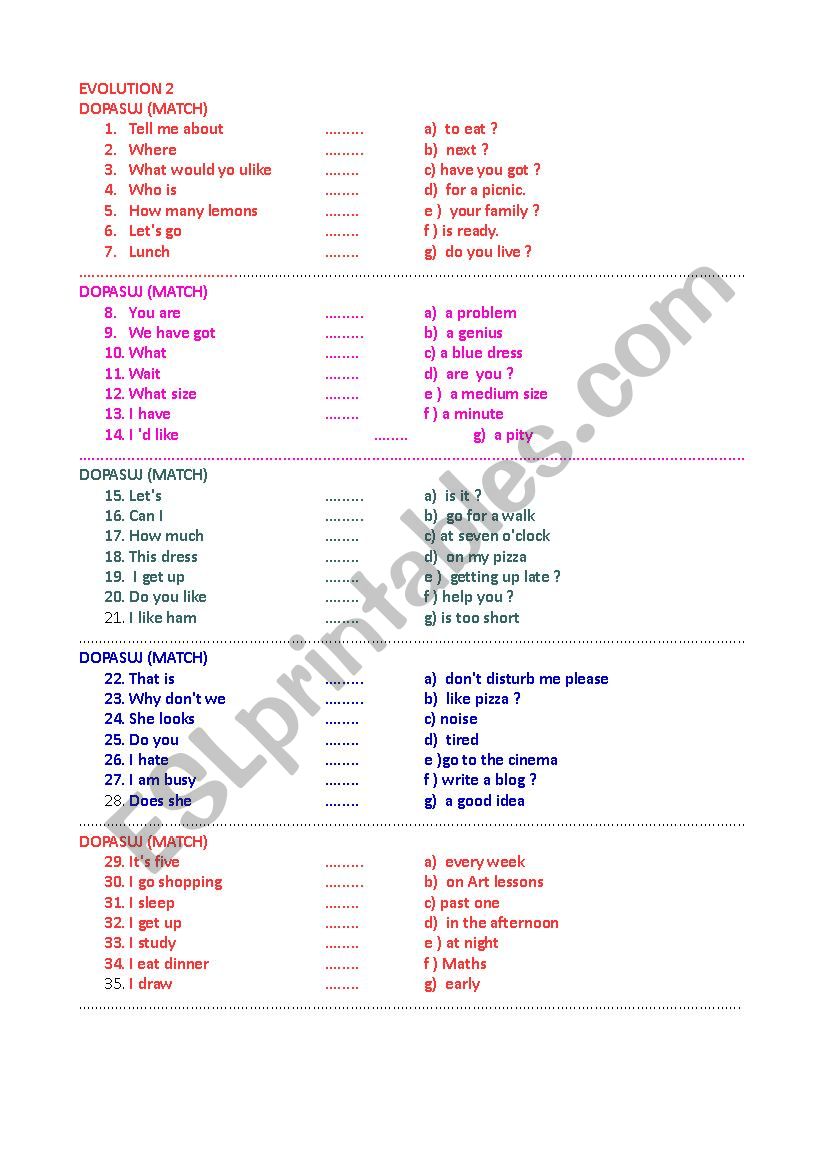 GREAT match halves from everyday english 70 sentences 2 pages