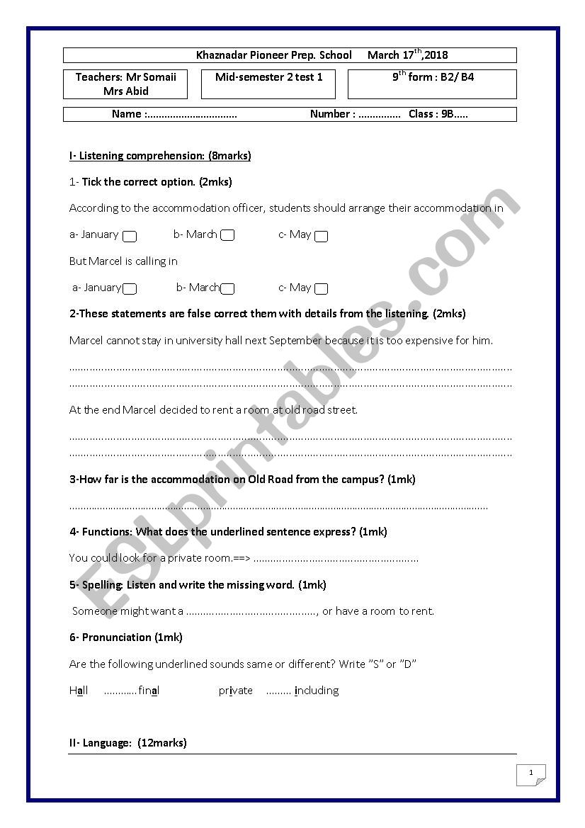 MID SEMMESTER TWO TEST ONE 9TH FORM PIONEER SCHOOL