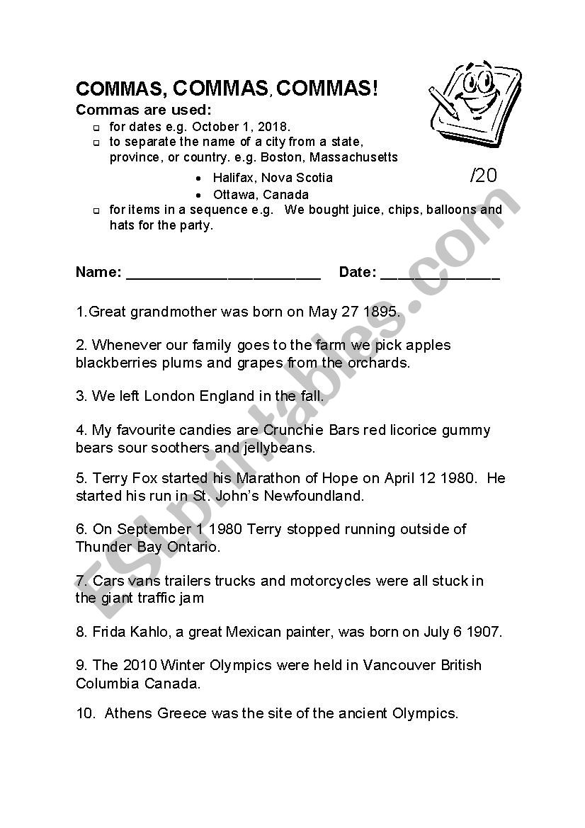 Commas, Commas, Commas worksheet