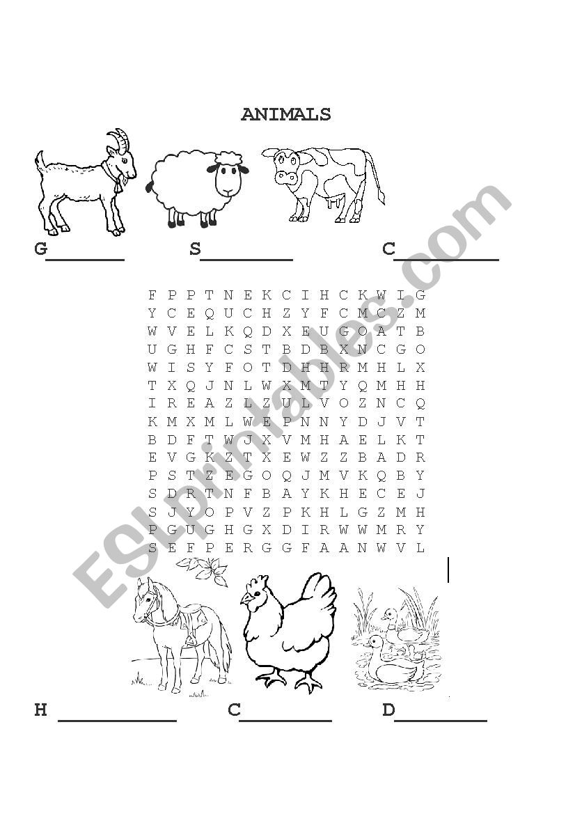 Animals word search worksheet