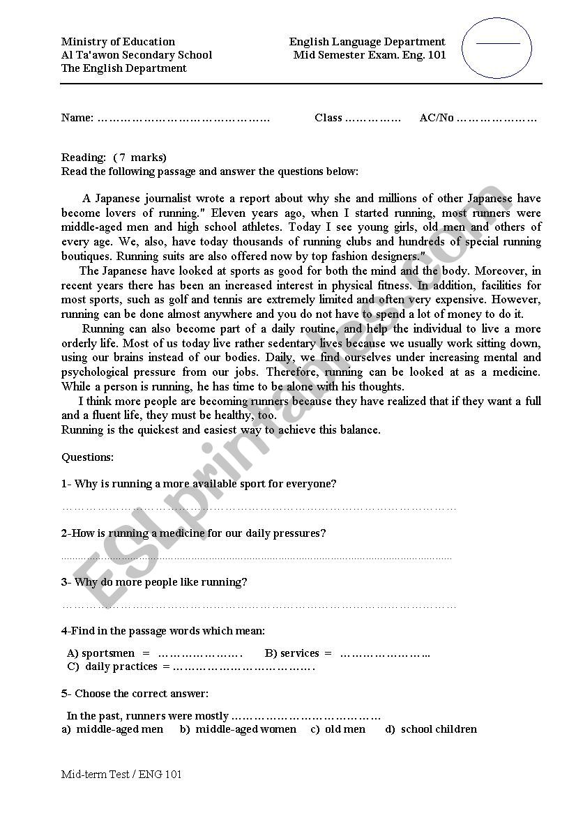 reading intermediate worksheet