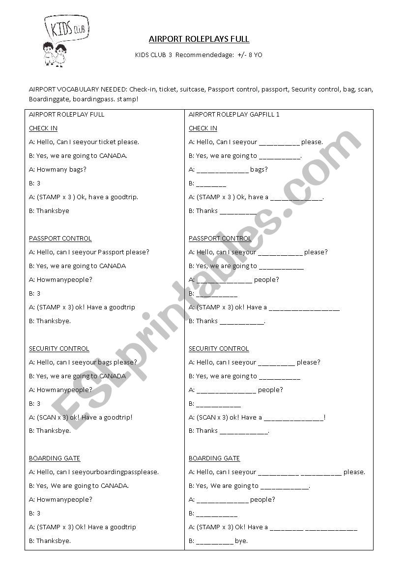 KIDS AIRPORT ROLEPLAYS worksheet