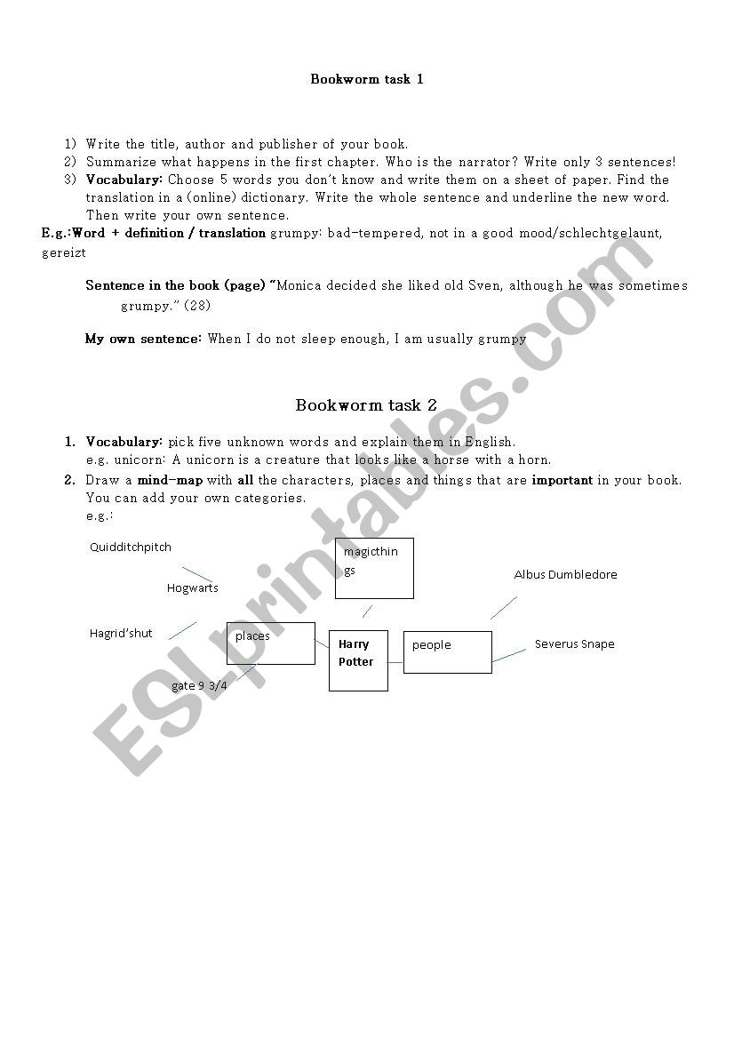 bookworm tasks worksheet