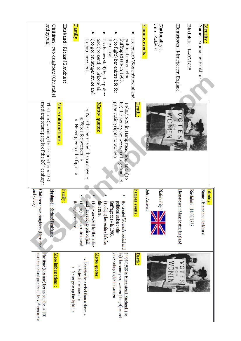 Work on Emmeline Pankhurst worksheet