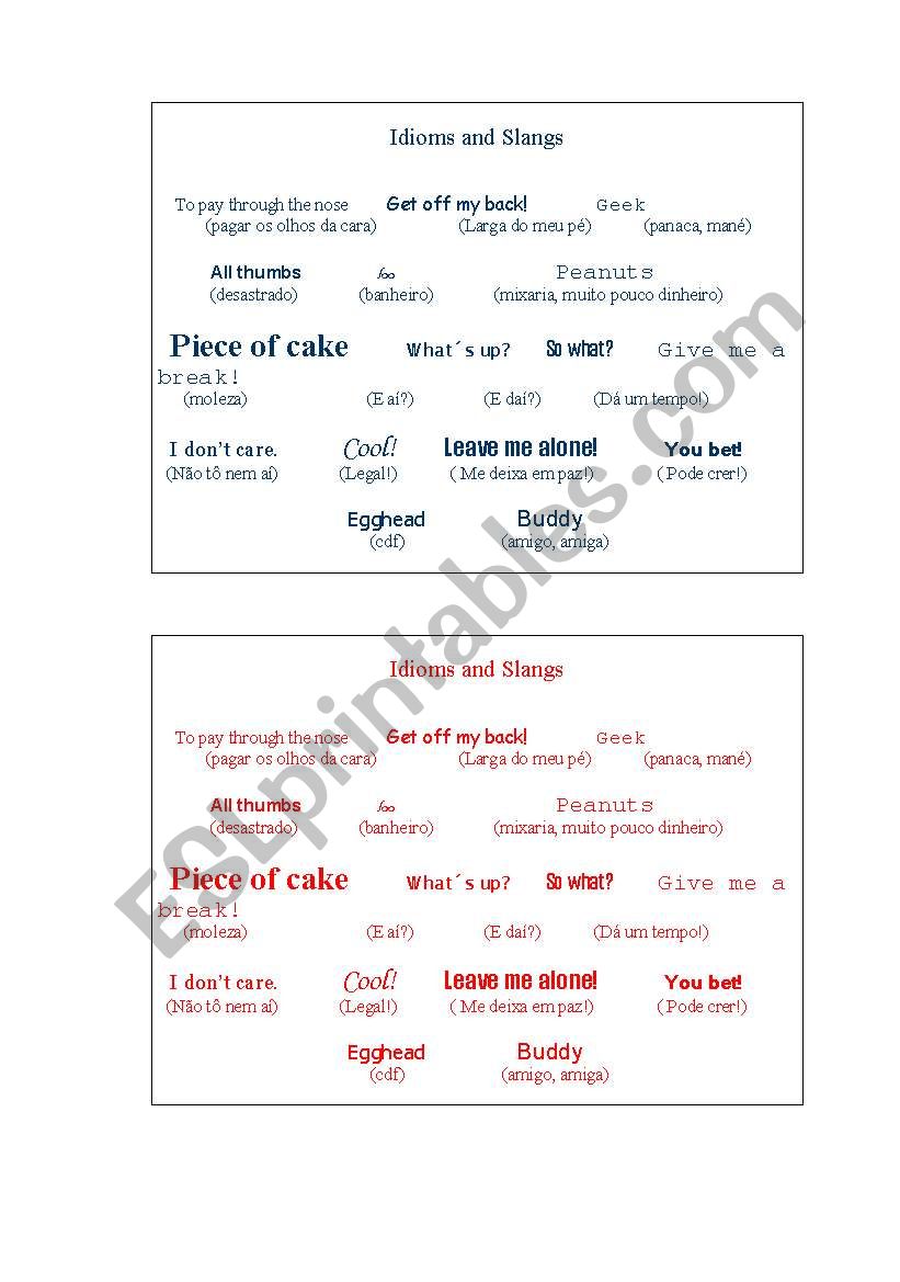 Idioms and slangs worksheet
