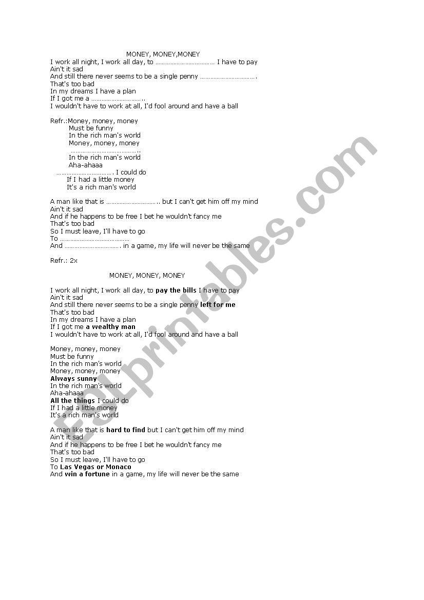 Money, money, money worksheet