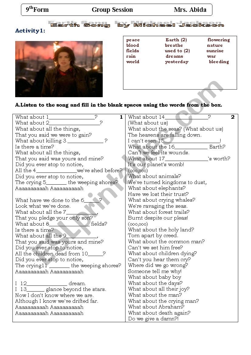 Michael JacksonÂ´s  Earth song Activities