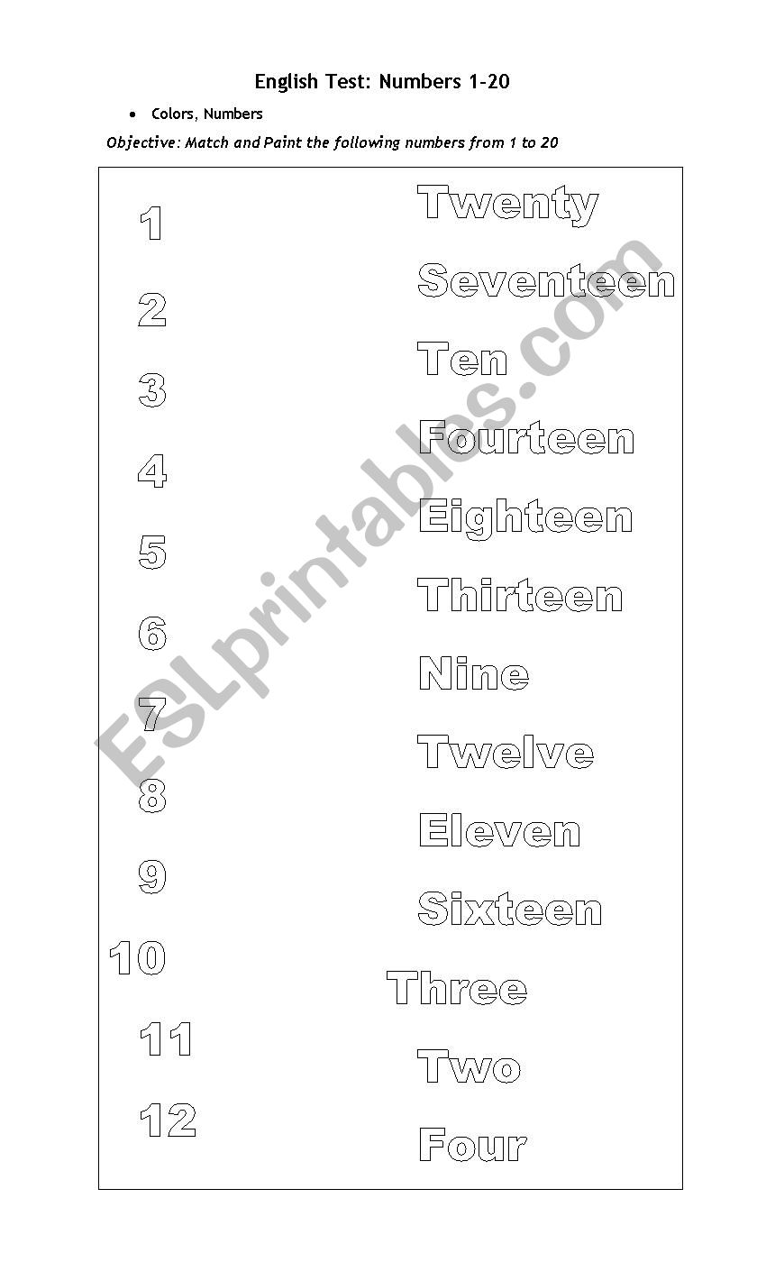 Numbers 1-20 worksheet