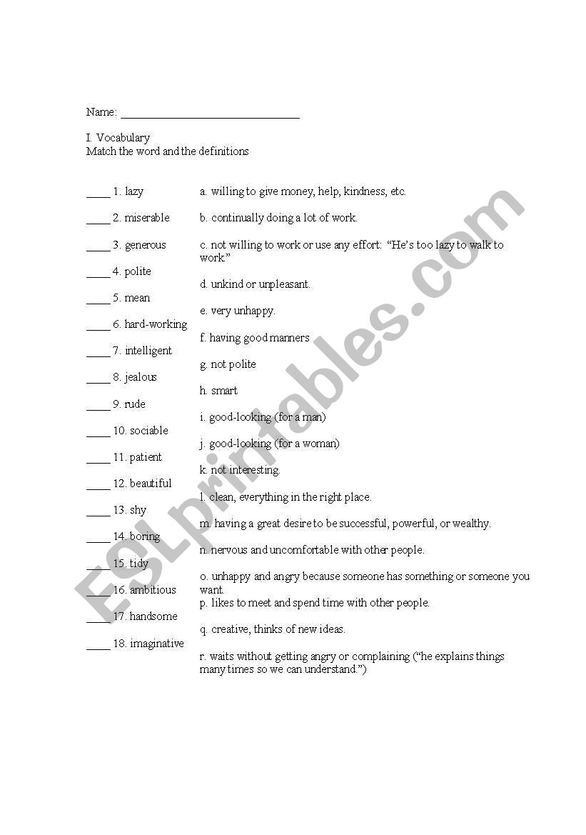 Adjectives of Personality  worksheet