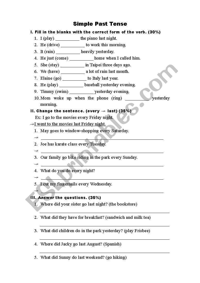 simple past tense worksheet