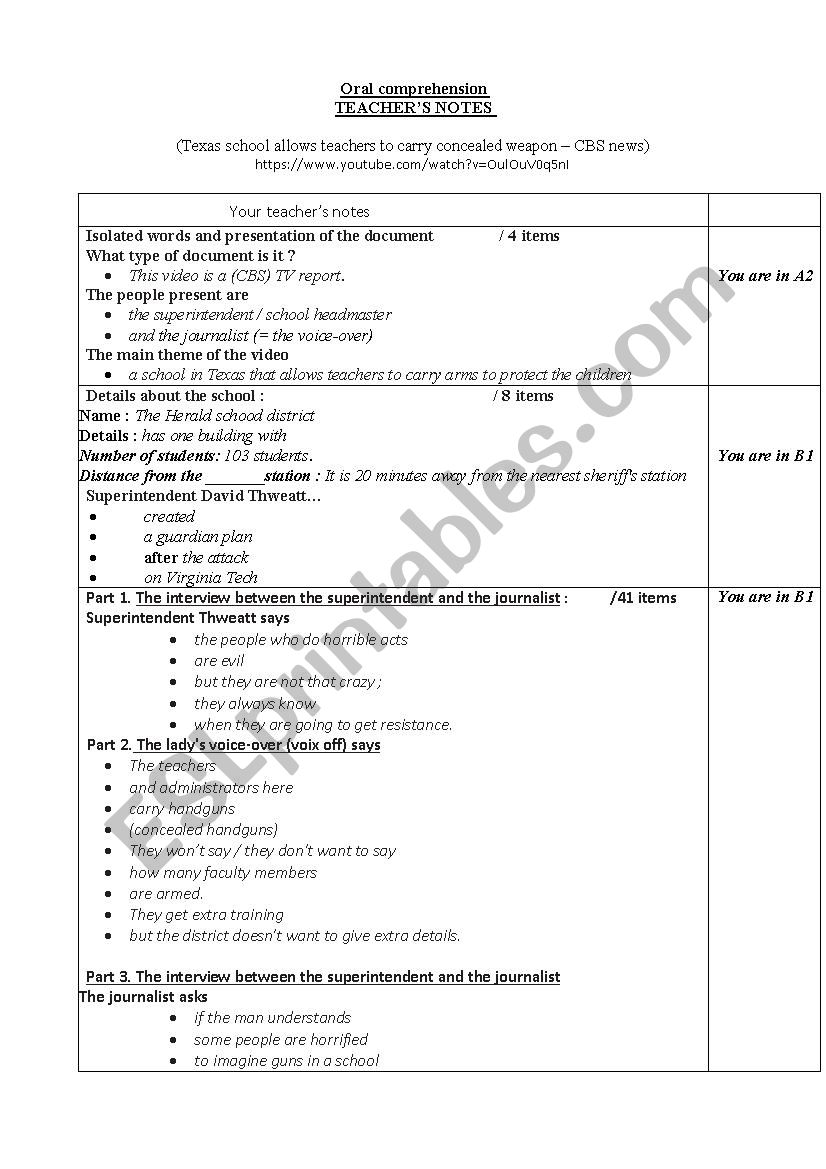 Oral comprehension report on gun control - teachers notes