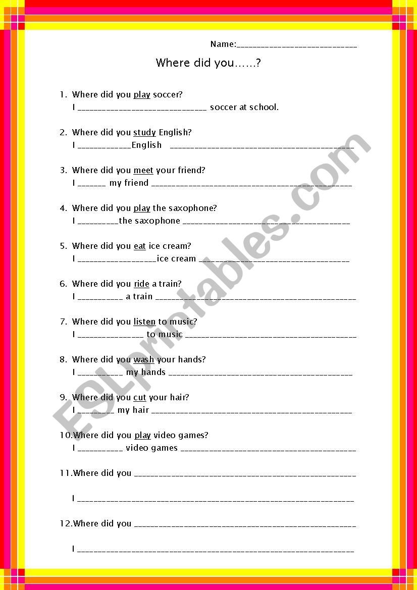 Where did you....? worksheet