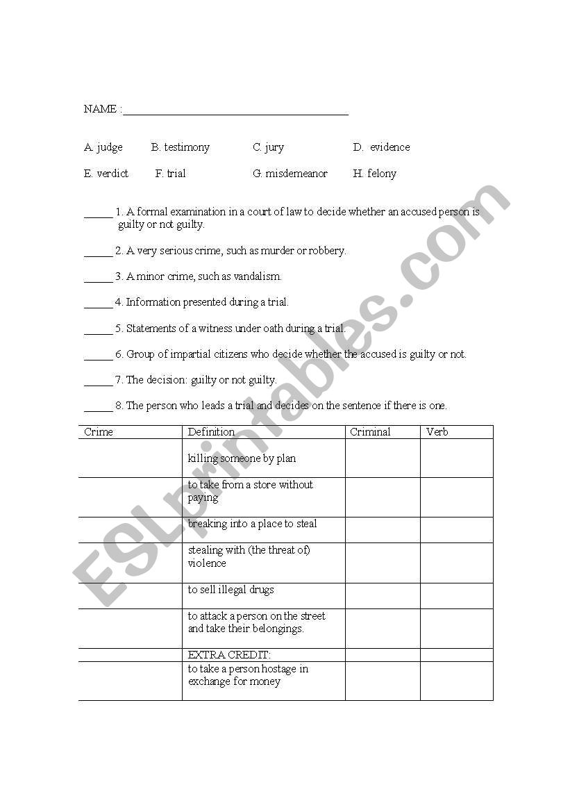 Crime Vocabulary Quiz worksheet