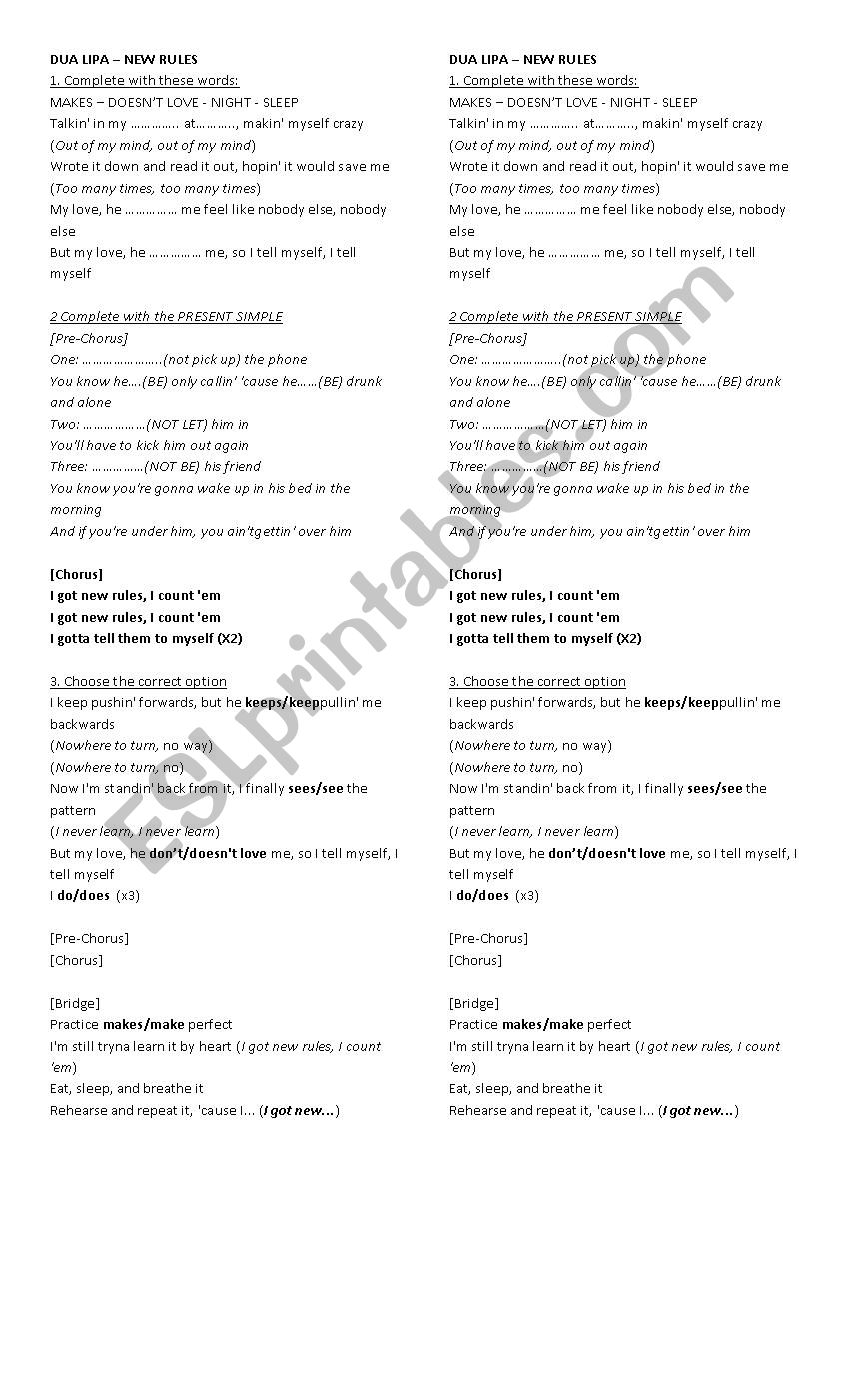 DUA LIPA - NEW RULES worksheet