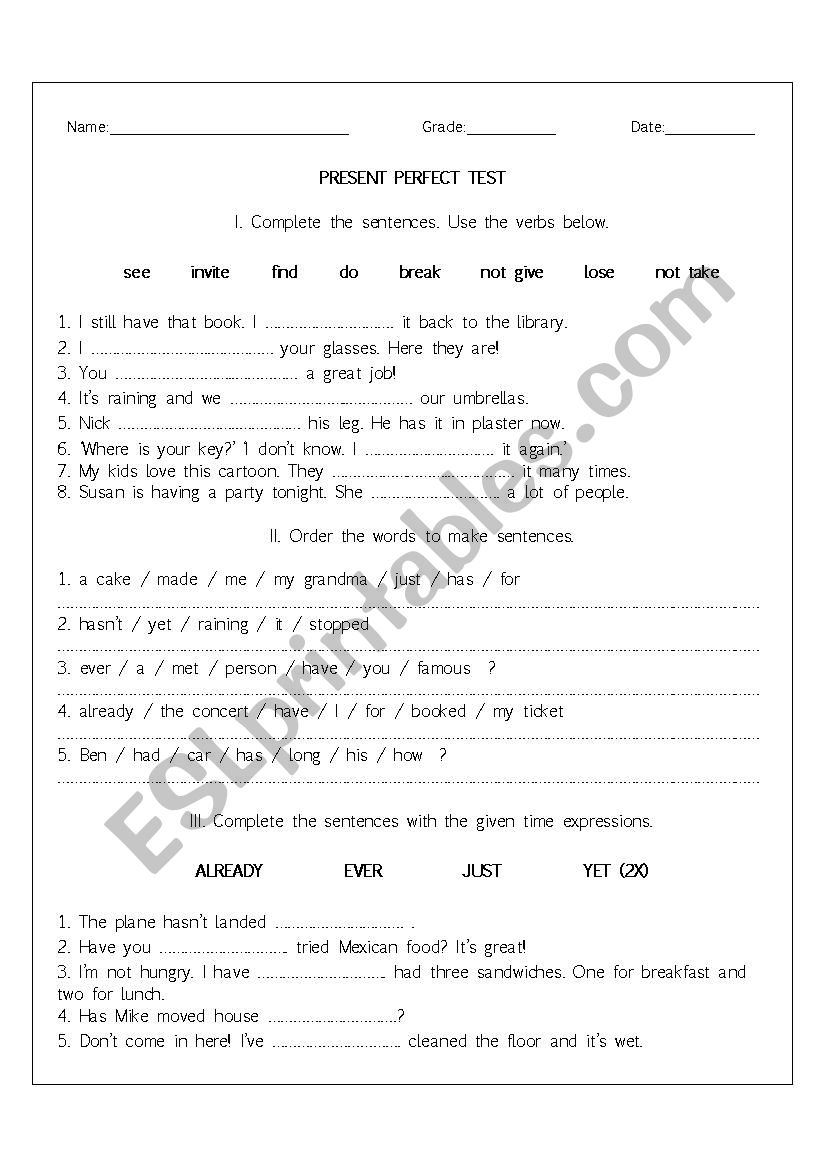 PRESENT PERFECT test worksheet