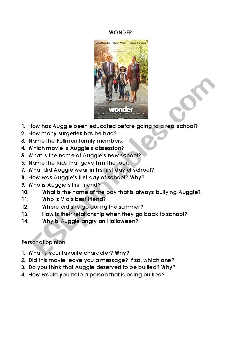 movie activity wonder esl worksheet by daliajuarez28