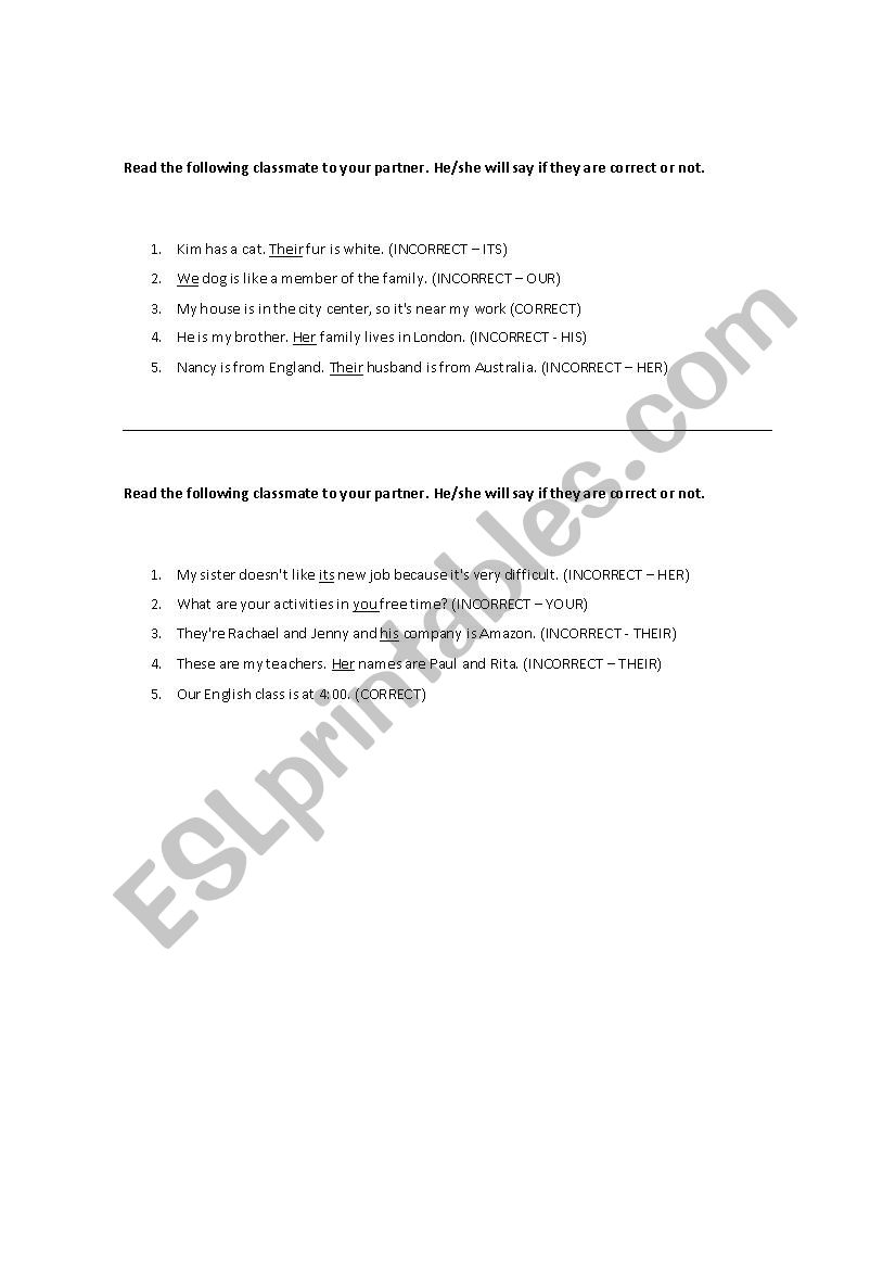 Possessives correct the sentence activity