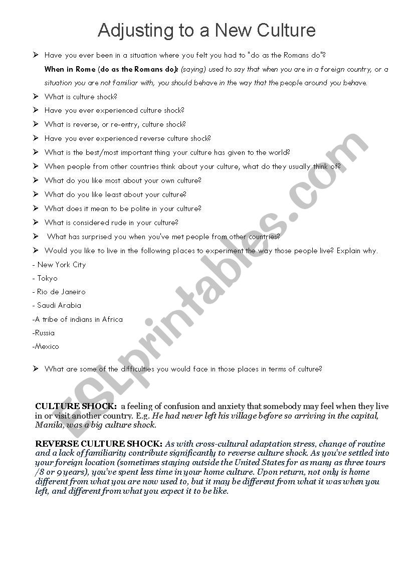 CULTURE SHOCK worksheet