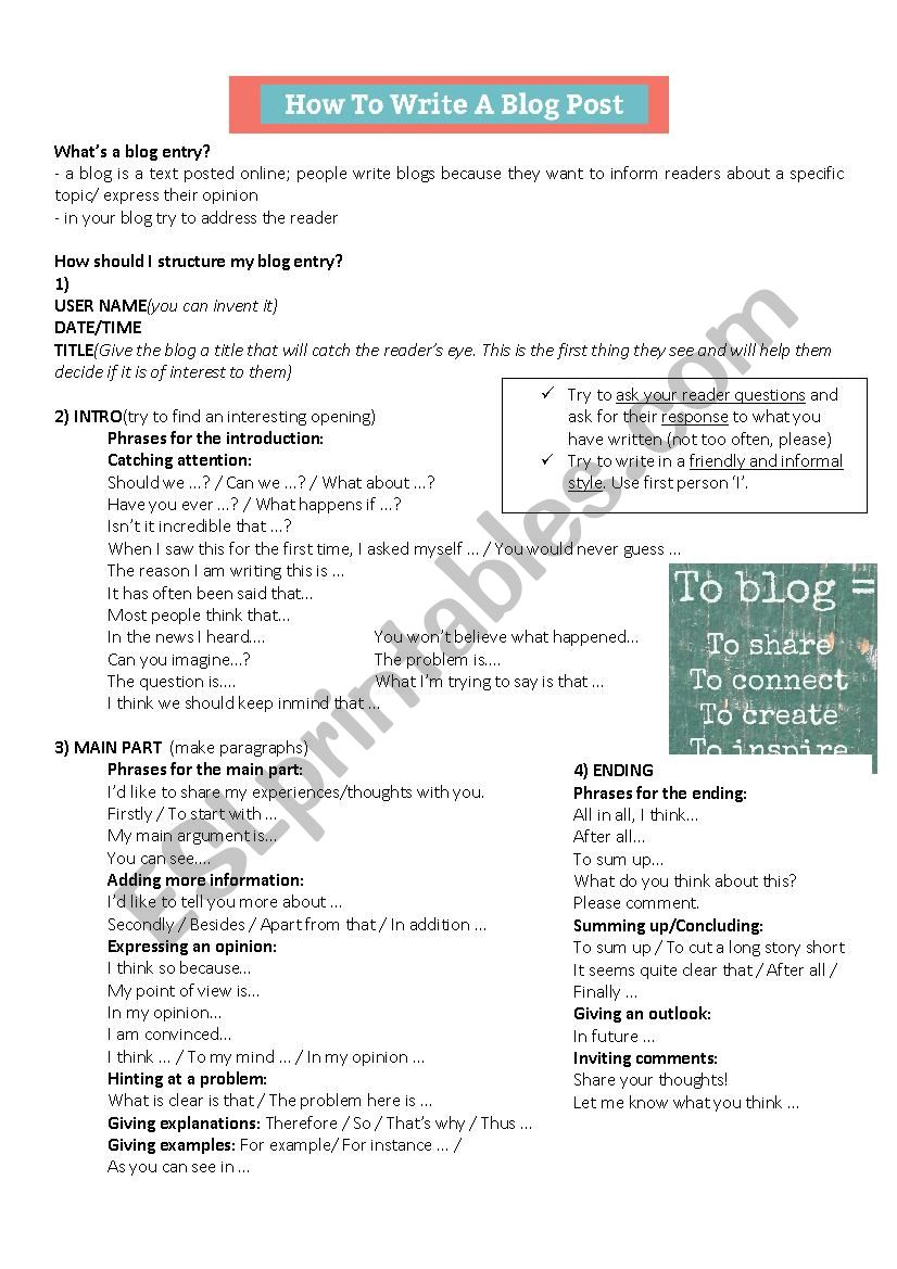 How to write a blog post  worksheet