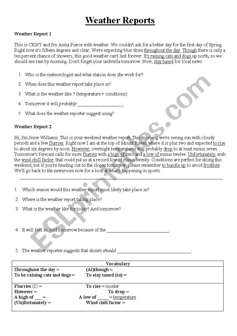 Weather Reports worksheet