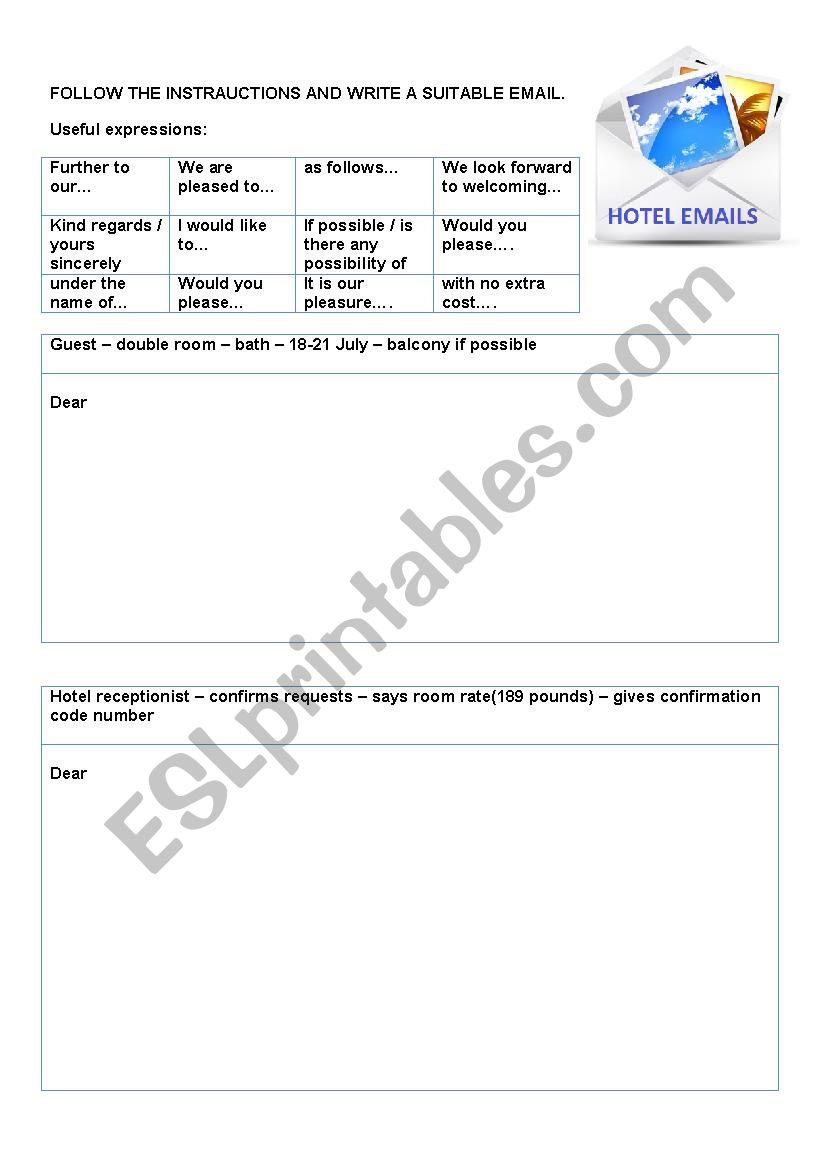 tourism - hotel emails worksheet