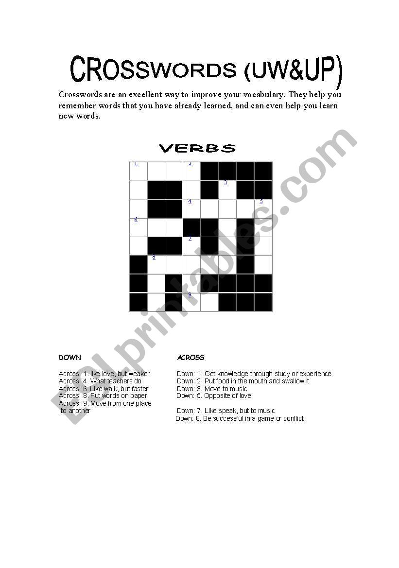 crooswords for verb worksheet