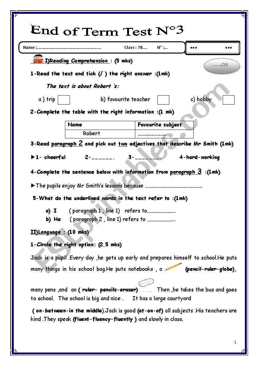 _7th_form_ END OF TERM TEST 3 worksheet