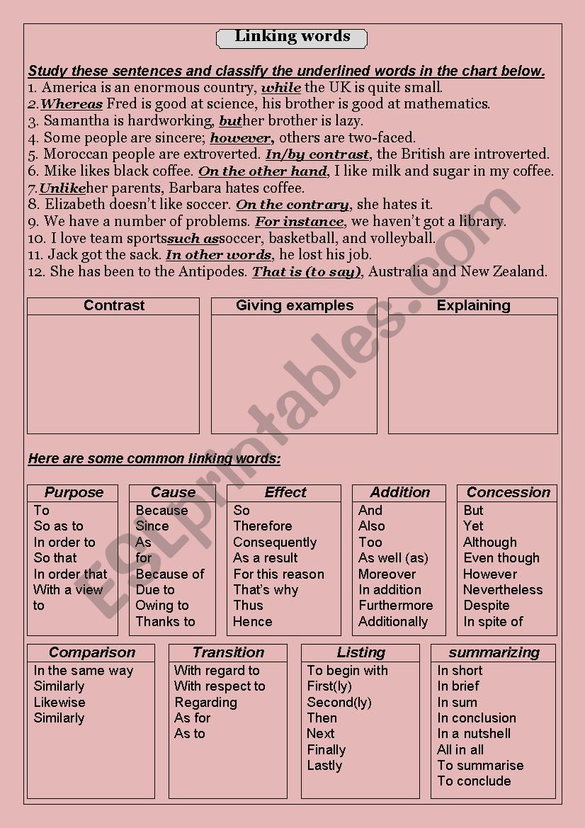 linking words  worksheet