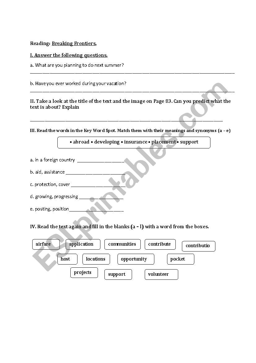 Breaking Frontiers worksheet