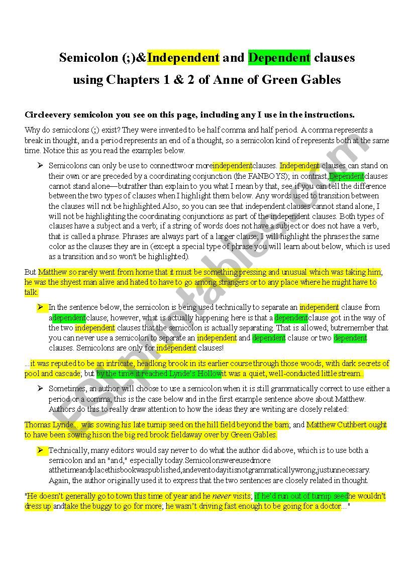 Semicolon and Independent/Dependent Clauses using Chapter 1 &2 of Anne of Green Gables