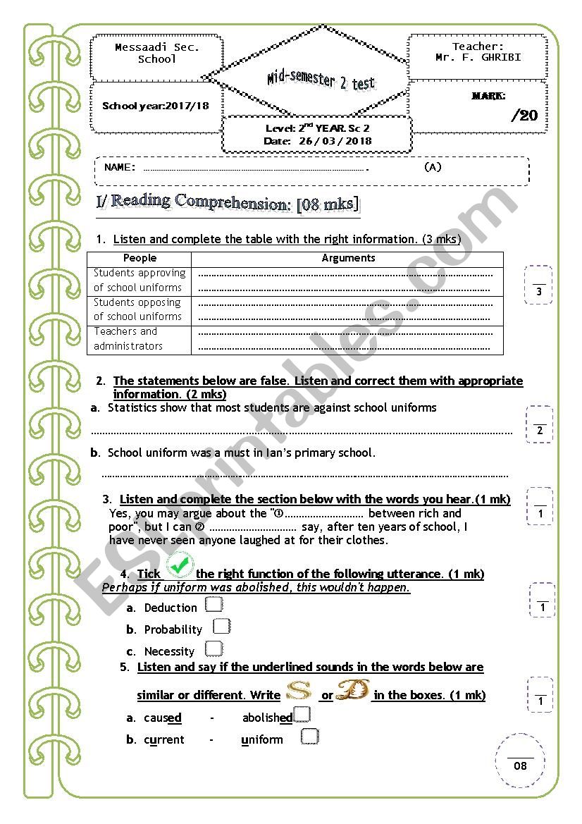 Mid-semester 2 test (2nd secondary edu.  Tunisian students)