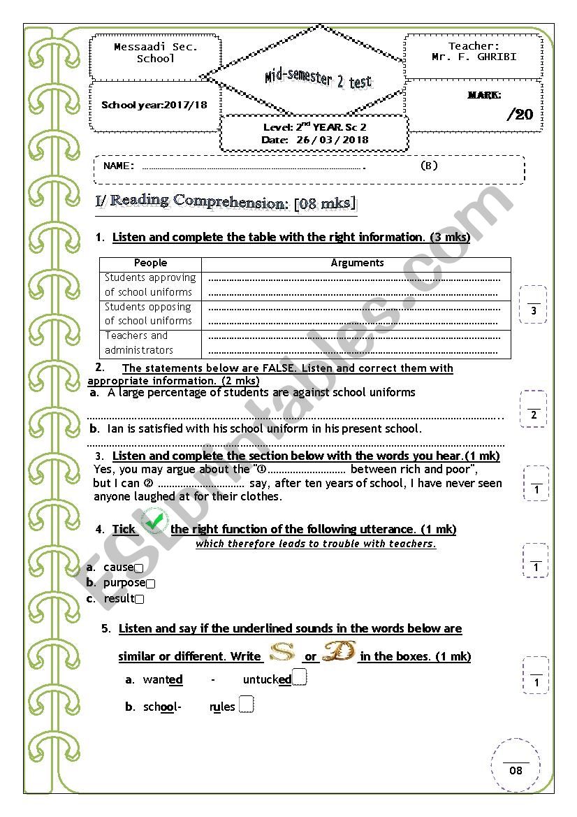 Mid-semester 2 test (2nd secondary edu.  Tunisian students)