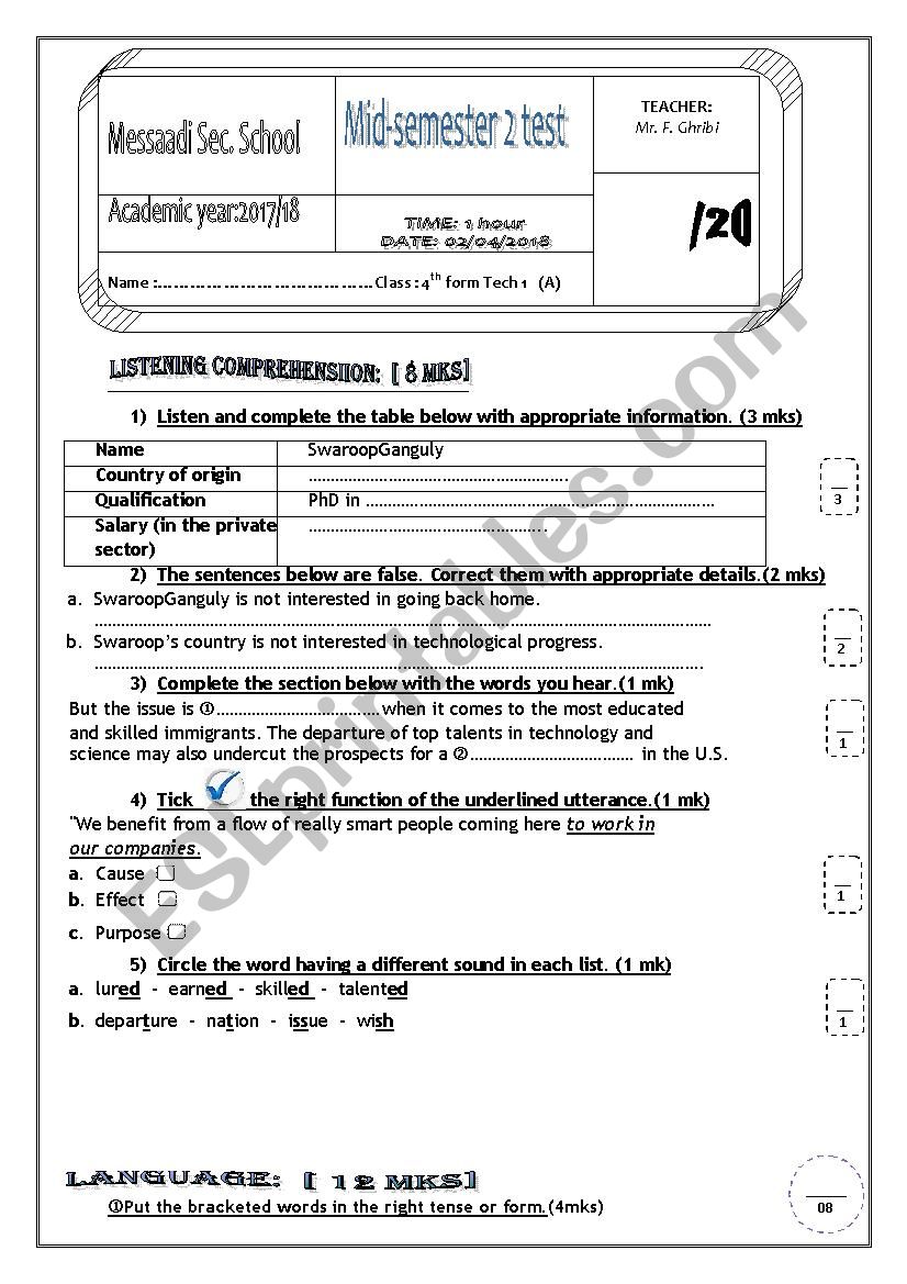 Mid-semester 2 test (4th form secondary edu.  Tunisian students)