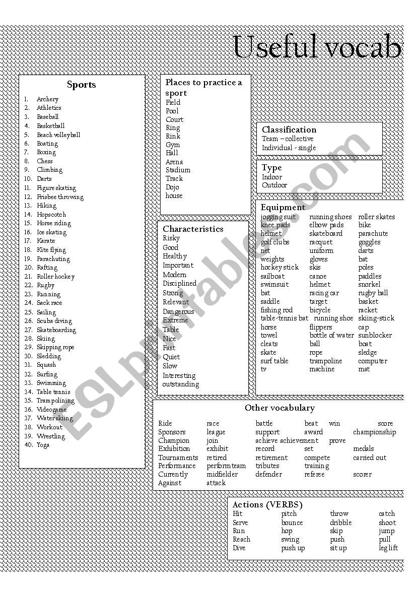 SPORTS AND EQUIPMENT worksheet