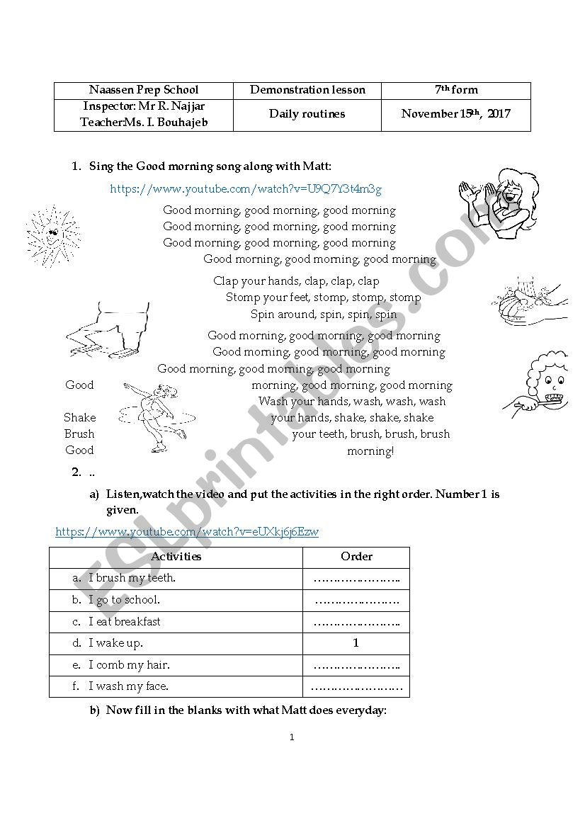 daily routines worksheet worksheet