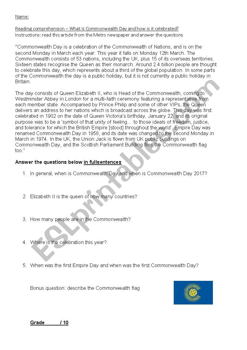 History of the Commonwealth worksheet