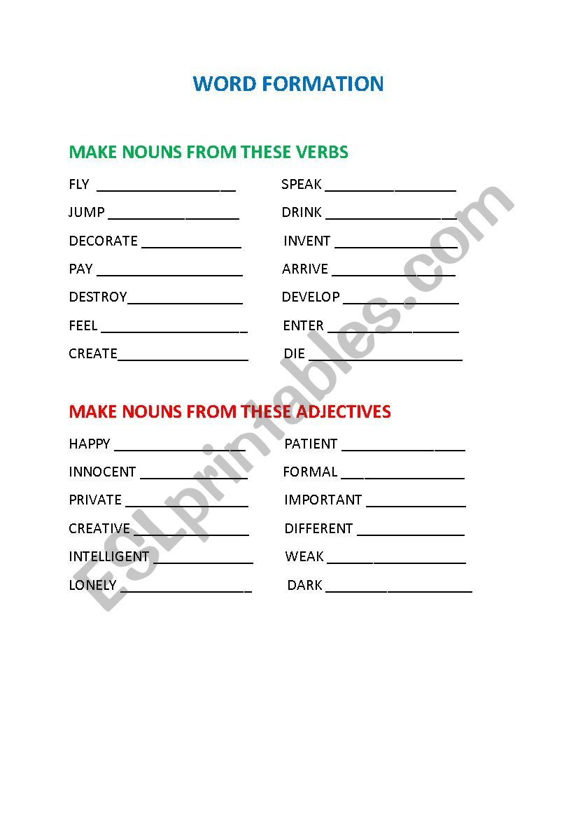 Word formation worksheet