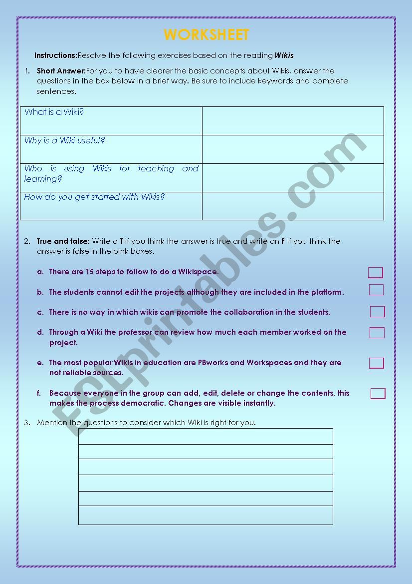 Worsheet about Wikis worksheet