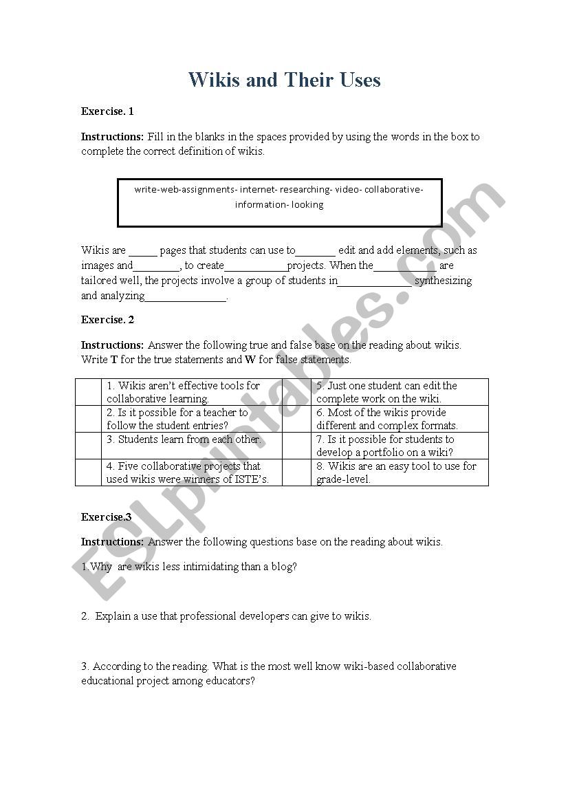 Wikis  worksheet